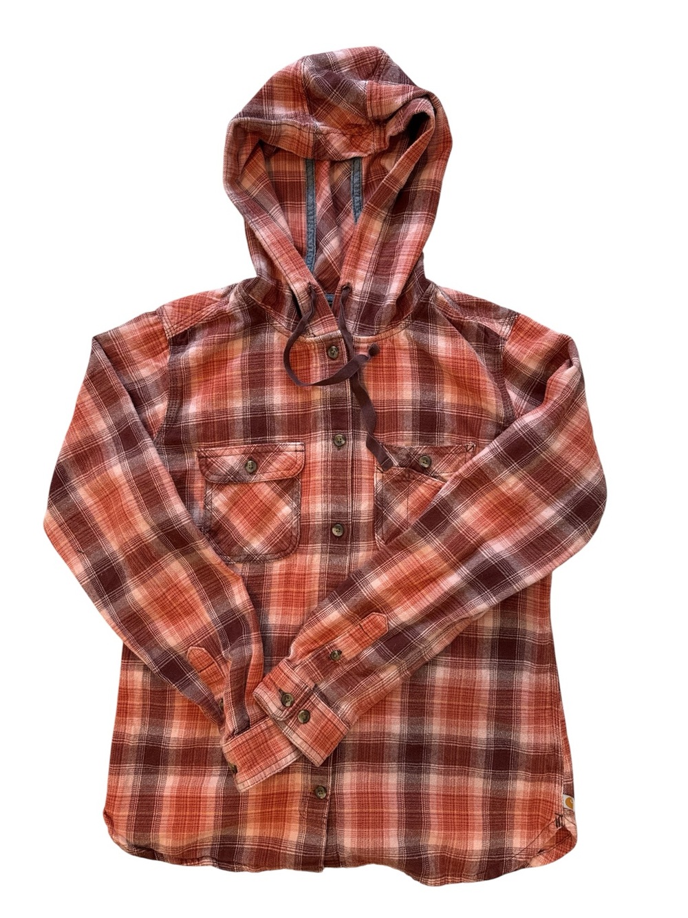 Carhartt Hooded Plaid 100% Cotton Shirt Orange Brown Size S (4/6)